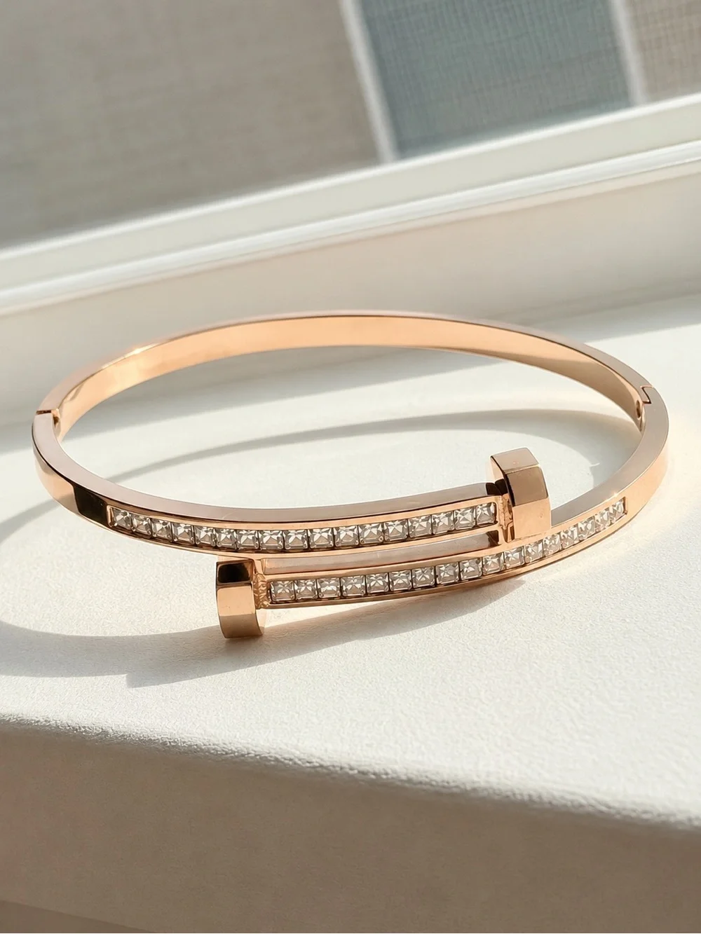Rose Gold Plated Crystal Accent Open Bangle Bracelet size 7